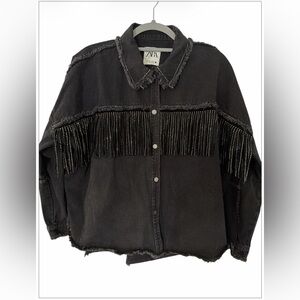 ZARA Black Rhinestone Fringe Denim Jacket.